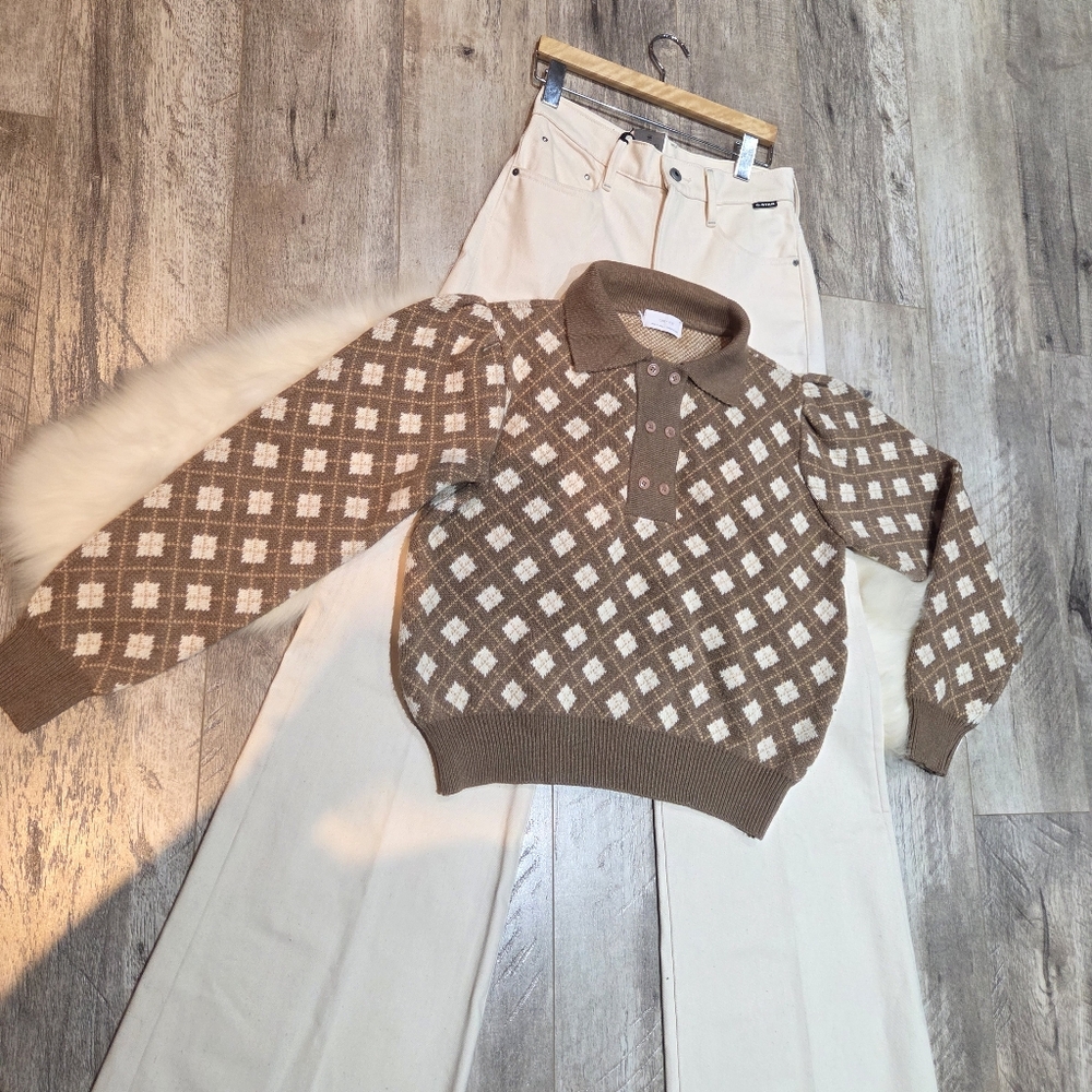 Oak & Fort Button Up Collar Knit Sweater In Brown/White SZ S - Picture 2 of 16
